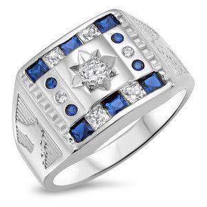 Men's Sterling Silver White & Blue Sapphire Ring
